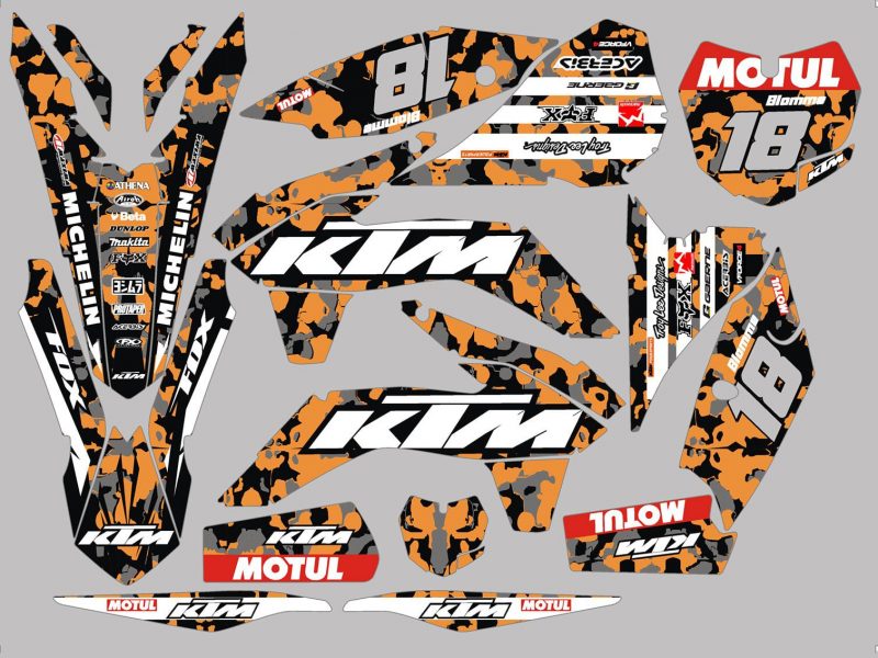 Kit Deco KTM Exc Excf Sx Sxf Enduro Supermotard Motocross Pomarańczowy Kamuflaż