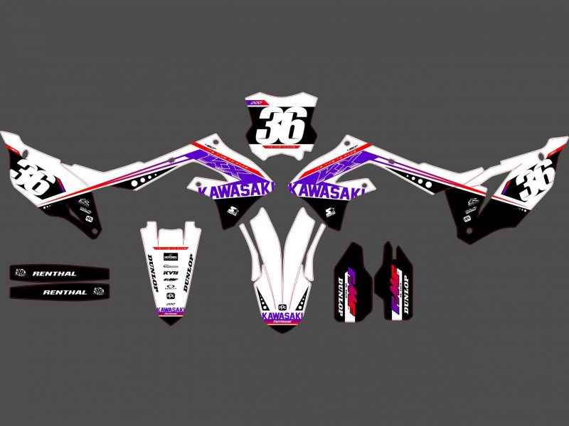 Kit grafiche racing viola kawasaki 250 kxf (2021 2024).