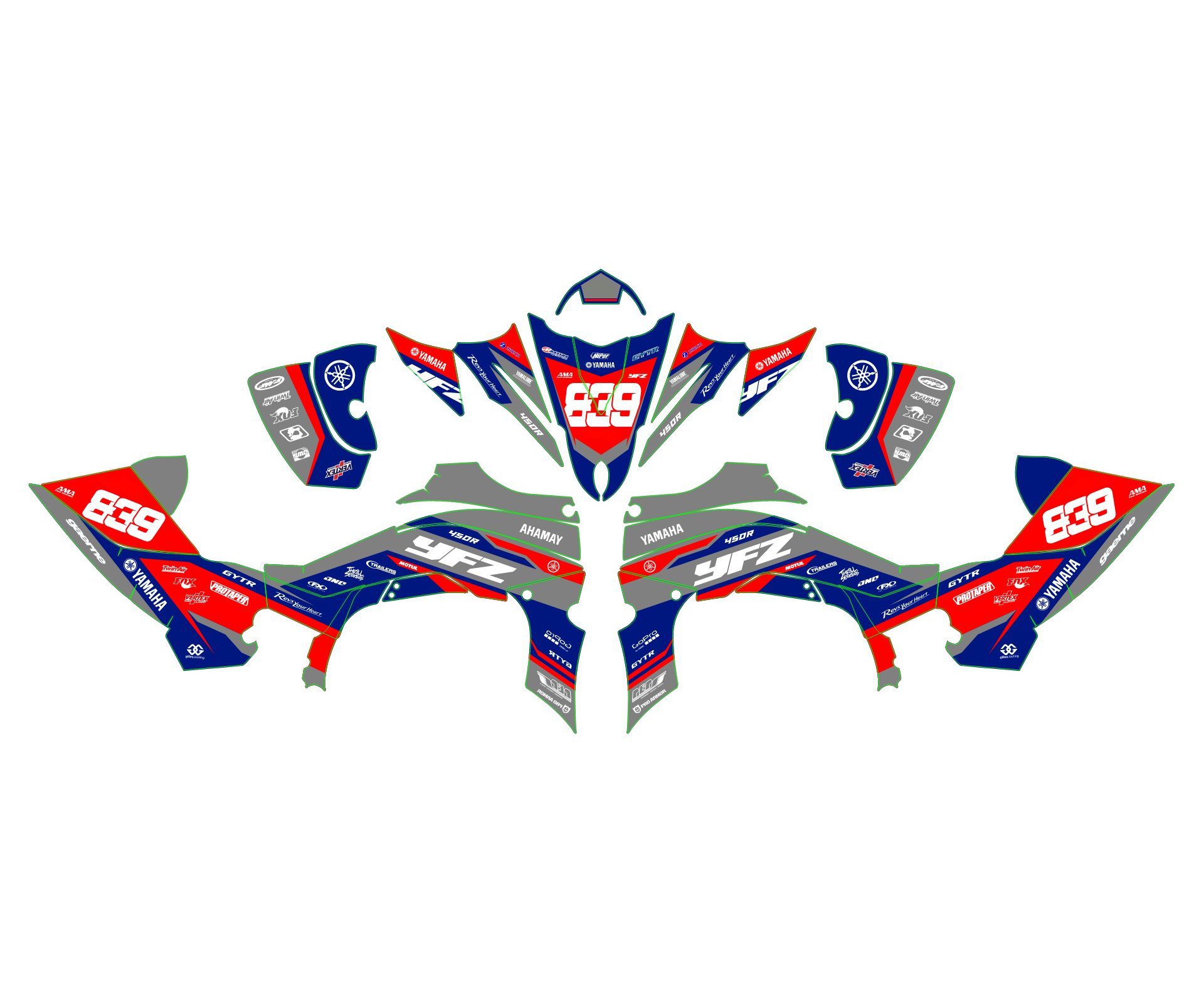 kit déco yamaha yfm 450 yfz pyr bleu / rouge
